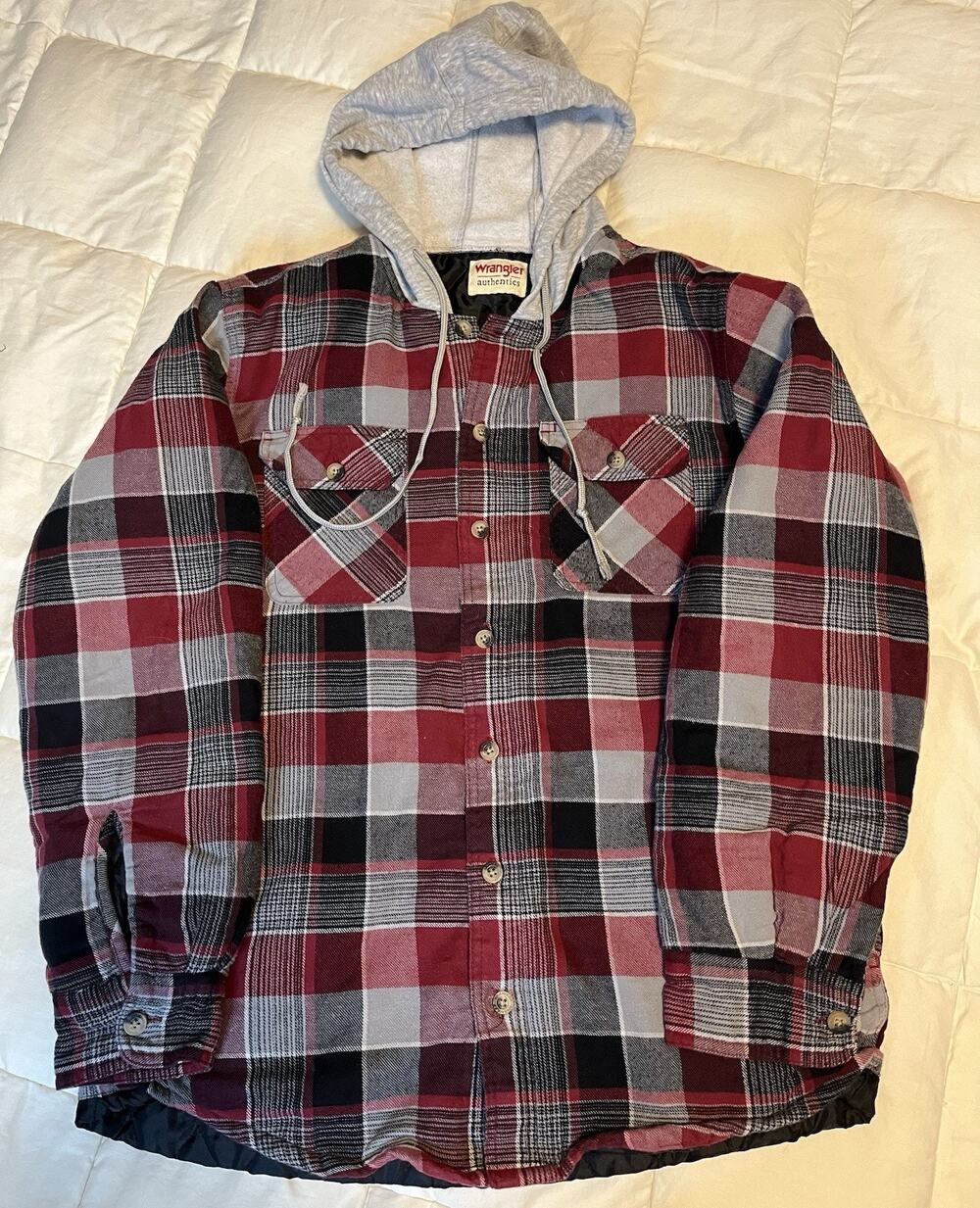 Wrangler Red Plaid Flannel Quilted Lining Hooded Hoodie Jacket Shacket Medium